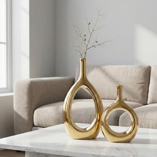 Glossy Gold Vase Ceramic Gold Vases Home Decor,Modern Minimalist Circle with Hole Decorative Vase, Hollow Ellipse Flower vases for Bookshelf, Fireplace Mantle, Centerpieces,Farmhouse,Rustic Décor - Image 2