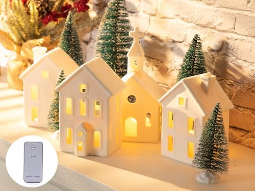9 Pcs Christmas Village Figurines Sets - 4 Lighted Ceramic Houses & 5 Trees by BUTITNOW