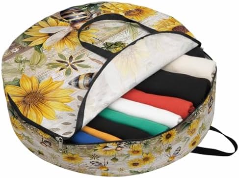 Summer Sunflower Bee Round Storage Bag 24 Inch, Yellow Floral Plants Wood Grain Rustic Clothes Storage Container with Handles Heavy Duty Organizer for Comforter, Bedding & Holiday Wreaths by Unknown