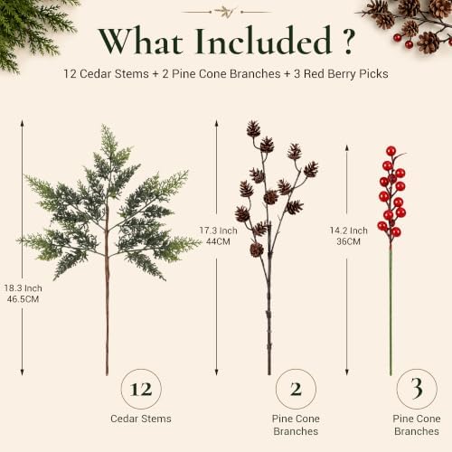 12 Artificial Cedar Stems, 17.5", with 2 Pine Cone Sprays and 3 Berry Picks - Image 2