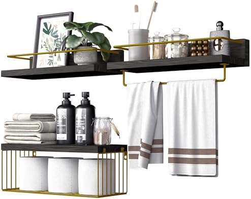 PopiShelves Bathroom Shelves Over Toilet for Wall, Floating Shelves with Storage Basket Paper Holer for Kitchen Living Room, Bedroom & Classroom, Set of 3 (Black and Gold) by Unknown