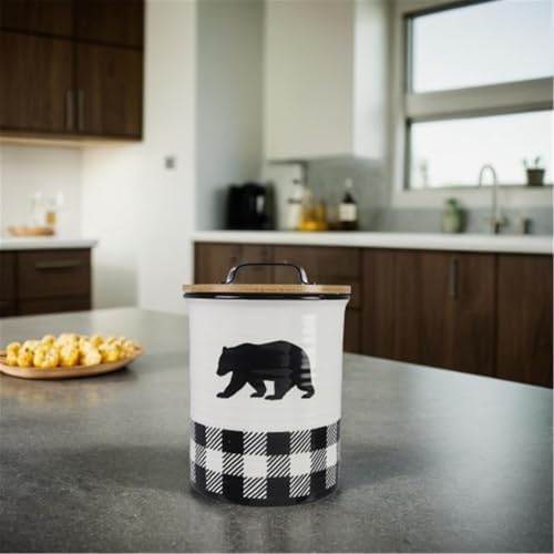 Young's Ceramic Treat Jar with Airtight Lid, Black and White Buffalo Plaid Bear Dog Treat Container, Decorative Cat Food Storage Canister - Image 4