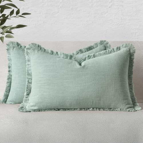 MIULEE Linen Fringe Decorative Lumbar Throw Pillow Covers Aqua Green 12x20 by MIULEE