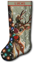 Christmas Stocking Cross Stitch Kit for Adults, 2-in-1 Stamped and Counted AIDA 14, Cute Reindeer Deer with Christmas Lights, Personalized Woodland Animals DIY Embroidery Kit by CrossStitchStyleArte