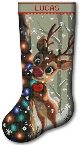 Christmas Stocking Cross Stitch Kit for Adults, 2-in-1 Stamped and Counted AIDA 14, Cute Reindeer Deer with Christmas Lights, Personalized Woodland Animals DIY Embroidery Kit by CrossStitchStyleArte