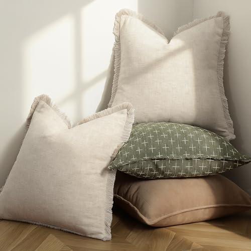 ZWJD Pillow Covers 24x24 Set of 2 Throw Pillow Covers with Fringe Chic Cotton Euro Shams Square Cushion Covers for Couch Sofa Bed Living Room Farmhouse Boho Decor, Natural Beige - Image 5
