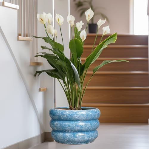 SQOWL Ceramic Plant Pot Indoor with Drainage Hole 13.5 Inch - Large Outdoor Planter Ceramic Flower Pot Modern Round Planter Decorative Plant Pot for Outdoor Porch Decor Blue - Image 6