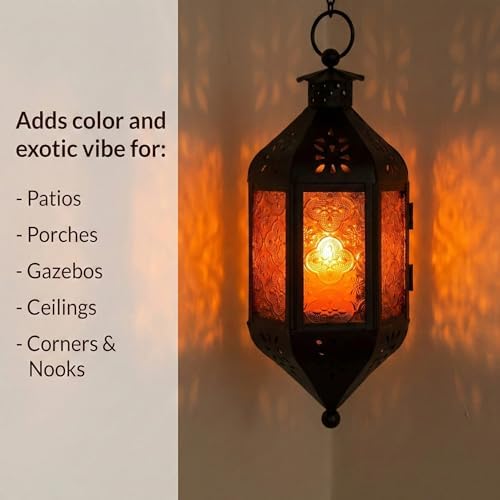 Vela Lanterns Hanging Moroccan Lamp - Exotic Decorative Patio & Porch Decor, Indoor Outdoor Tea Light Candle Lantern Holder with Chain (11" Medium, Amber Glass, 3-Pack) - Image 3