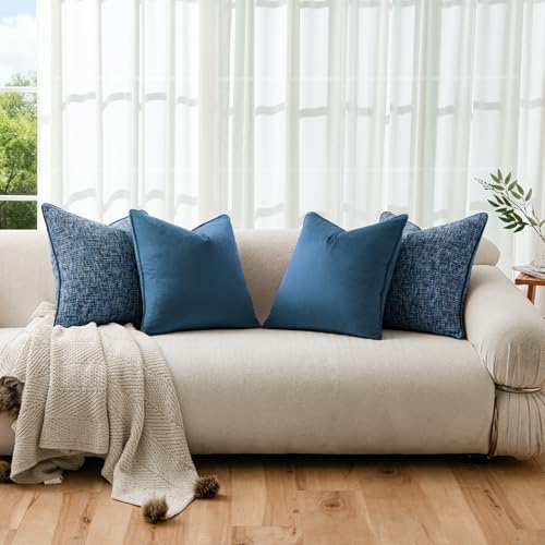 a moment Blue 4 Pack Throw Pillow Covers - Chenille & Velvet Set with Piping, Farmhouse Textured Design Pillow Cases for Couch Sofa Bed Livingroom (22x22 Inch, No Insert) - Image 4