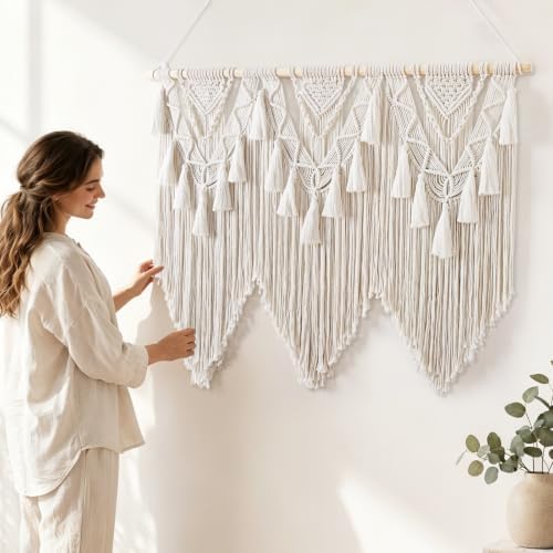 Large Macrame Wall Hanging Boho Woven Tapestry Beige Home Decor Wall Art - Image 2