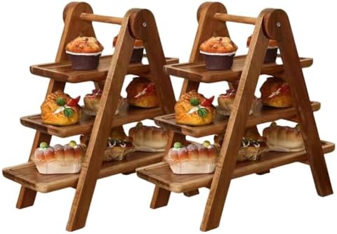 2PCS Wood 3 Tier Serving Tray Three Tiered Cupcake Stand, Rectangle Serving Platter Wooden Farmhouse Tiered Tray, Party Serving Brown Decorative Tray Decor by Unknown