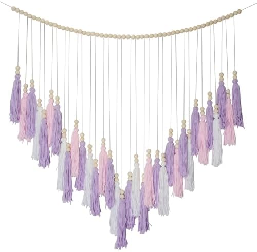 Pink & Purple Macrame Hanging Boho Wall décor, Purple Wall Decor for Bedroom Living Room Girls Room Nursery Large Tassel Hanging with Wood Beads 41" W x 32" H by Ariswill