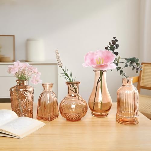 Amber Glass Vase Set of 12, Clear Bud Vases in Bulk, Mini Vases for Flowers, Small Flower Vases for Centerpieces, Vintage Decorative Embossed Vase for Home Decor, Wedding Table Decoration - Image 5