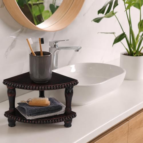 Kigley 2 Tiered Corner Riser for Kitchen Counter Wood Beaded Corner Shelf Black Wash Countertop Bathroom Counter Organizer Rustic Decorative Pedestal Stand with Removable Feet for Kitchen Coffee Bar - Image 6