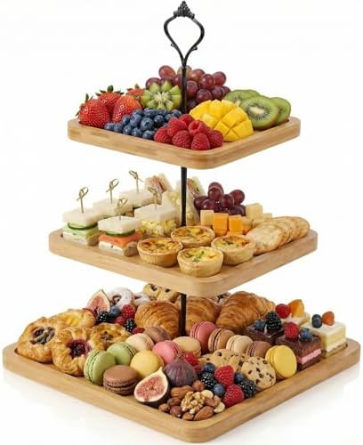 Lallisa 3 Tier Cupcake Stand Wooden Rustic Tiered Serving Tray Square by Lallisa