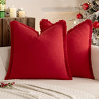MIULEE Boho Linen Fringe Christmas Throw Pillow Covers Red 18x18 by MIULEE