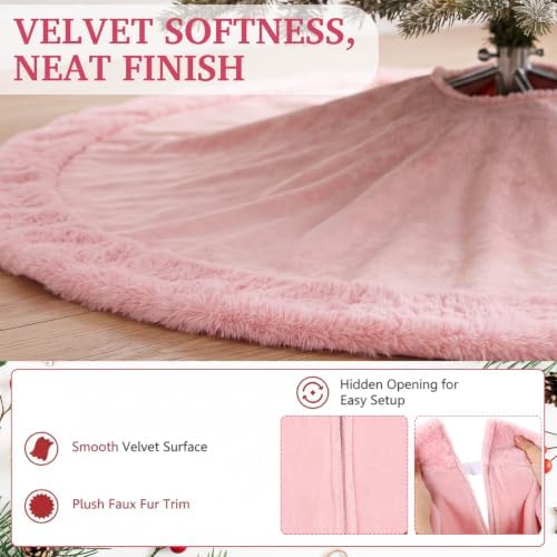 Skylety 48" Velvet Christmas Tree Skirt with Faux Fur Trim,Pink - Image 4