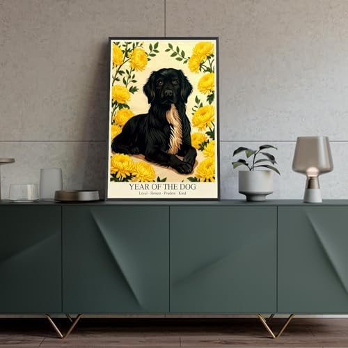 Chinese Lunar Year Of The Dog Wall Art - Black Dog & Yellow Chrysanthemum Canvas Print for Home Decor - Loyal Honest Prudent Kind Theme 12X18 in Black Framed - Image 4