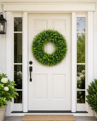 24 Inch Artificial Boxwood Wreath for Front Door, UV Resistant Outdoor Green Wreath, Waterproof Resistant Spring Summer Farmhouse Porch Wall Large Door Wreath for Home Wedding Indoor Decor - Image 5