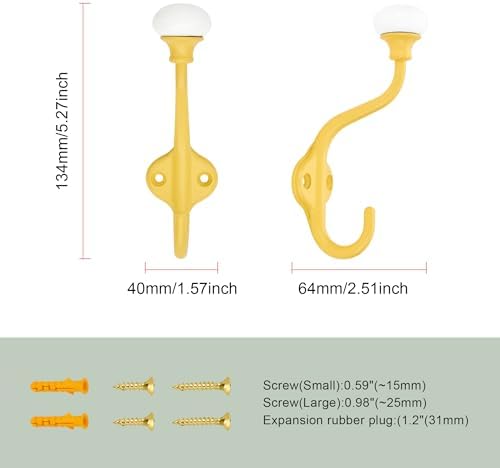 TUNNY Coat Hooks - 5 Pack Yellow Towel Hooks Robe Hooks Decorative Wall Hooks for Bathroom Bedroom Kitchen Towel Robe Clothes Cabinet Closet Bathroom Hardware - Image 3