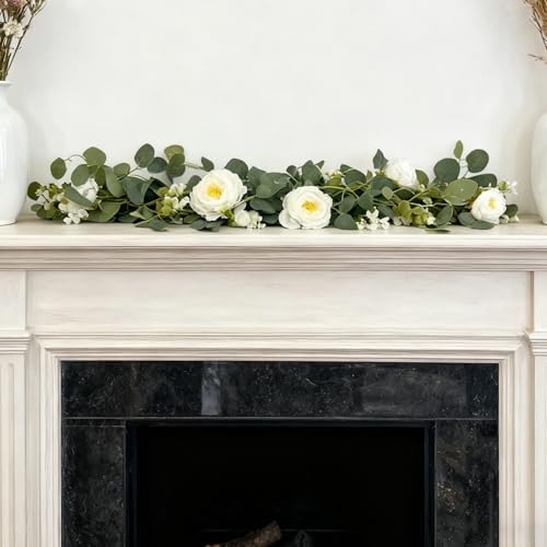4-Pack Artificial Eucalyptus Garland with Flowers, Total 23.6FT 24 White Roses Baby's Breath Garland Floral Greenery for Wedding Party Centerpiece Table Runner Backdrop Wall Decor - Image 5