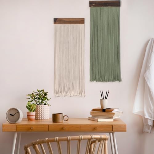 SCECALA Boho Green Macrame Wall Hanging - Set of 2, Handmade Bohemian Macrame Tapestry, Sage Green & White Yarn Decor for Living Room Bedroom, 30.7x11.8 inch - Image 2