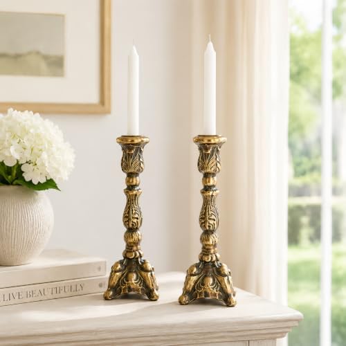 Antique Gold Candle Holders Set of 2, Iron Taper Stands - Image 4