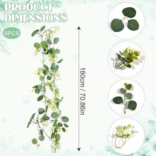 6 Pack Artificial Eucalyptus Garland 6.2 Long Faux Silk Leaf Eucalyptus Leaves Vines Greenery Garland with White Flower All Season for Wedding Arch Indoor Outdoor Wall Decoration - Image 2