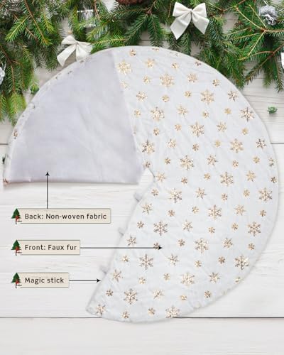 COOLWUFAN 72 Inches Faux Fur Christmas Tree Skirt, Gold Sequin Snowflake - Image 3