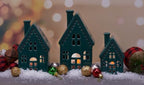 Deep Green Glazed Porcelain Tea Light Village Houses, Set of 3, 8 in - Image 2