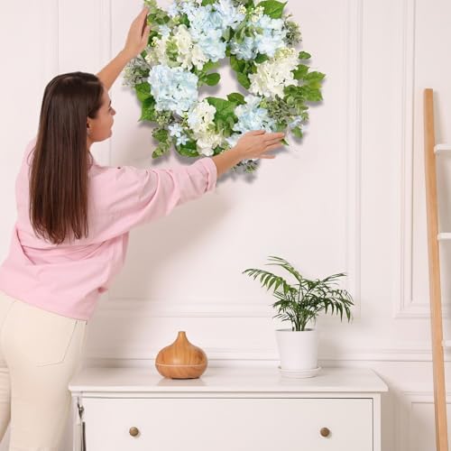 Spring Wreath Artificial Hydrangea Eucalyptus 20IN, Light Blue White Green, Spring Easter Summer Front Door Wall Décor - Image 4