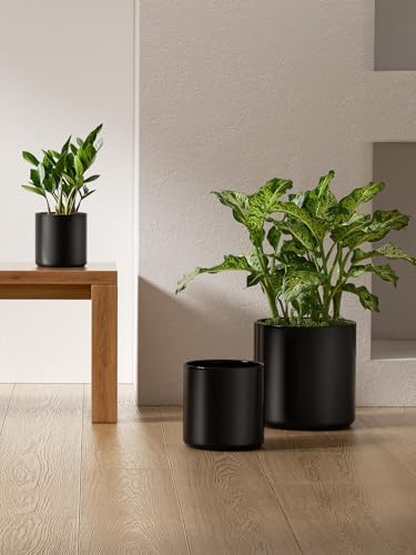 LE TAUCI 10+8+6 Inch Ceramic Pots for Plants, Indoor Planters with Drainage Hole and Plug, Modern Cylinder Flower Pots Set of 3 for Office and Living Room, Satin, Black - Image 3