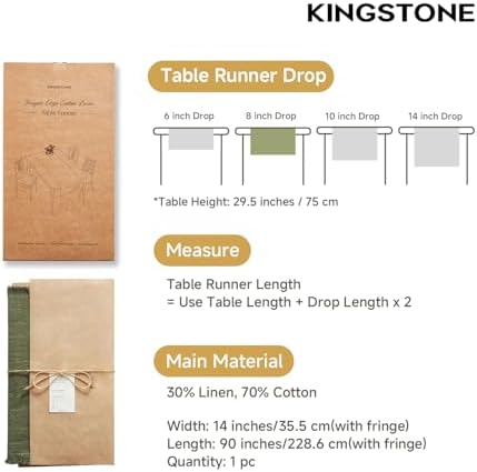 KINGSTONE 14 x 90 Inches Frayed Edge Table Runner, 270G Heavyweight Sand Washed Slub Texture Cotton Linen for Modern Farmhouse, Rustic Home Decorations Dining Room Wedding Boho Decor, Moss Green - Image 2