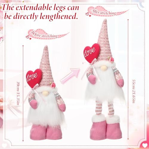 Sumind 3 Pcs Valentines Day Gnome Decorations Valentines Gnome Plush with Hearts Pink Handmade Gifts with Long Legs Table Tired Tray Decor Romantic Date Engagement Gift for Her Him - Image 4