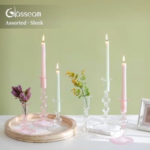 Glasseam 3 Pcs Pink Taper Candlestick Holders with Bobeche for Centerpiece - Image 2