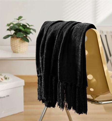 Chenille Throw Blanket for Couch 50" x 60", Black - Image 3