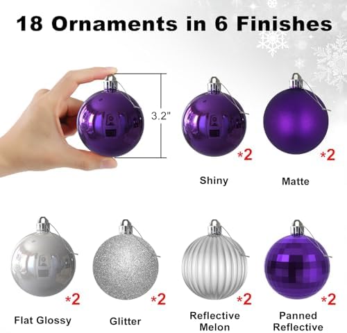 Purple & Silver 3.2" Large Christmas Balls - Christmas Tree Decoration Ornaments Shatterproof Hanging Balls for Birthday Halloween Holiday Wedding Decorations Set of 18pcs - Image 2