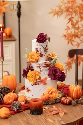 TINGE TIME Fall Artificial Flower Combo, Rose Dahlia Burgundy Burnt Orange - Image 4