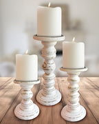 Large Candle Holders for Pillar Candles (3 Piece Set) Tall Rustic Wood Farmhouse Pillar Candlestick Stands - Fits 4 inch inch Wide Pillar Candles - Modern Candle Holder Decor (Antique White) by MyFancyFarmhouse