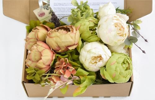 FiveSeasonStuff Rustic Brown, Beige & Green Artificial Peony Set of 2 - Image 4