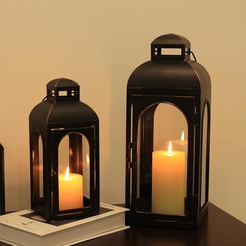 NEEDOMO Lanterns Decorative Indoor,Set of 2 Outdoor Lanterns for Porch, 20" Metal Frame Candle Holders Hanging Lights,with Glass, Spring, Fall, Christmas - Image 2