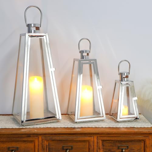 TRIROCKS Set of 3 Stainless Steel Candle Lantern 21''&16''&11'' High Metal Candle Holder with Tempered Glass Panels for Christmas Home Decor Living Room Parties Events Indoors Outdoors (Silver - Image 4