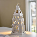 Sungmor Cast Iron Church Lantern Candle Holder, 10.2 Inches Tall & White - Image 5