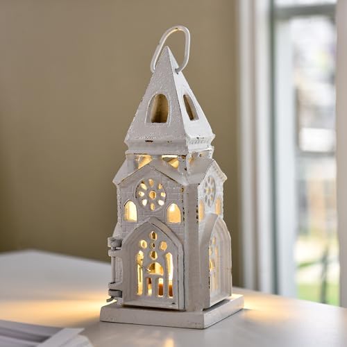 Sungmor Cast Iron Church Lantern Candle Holder, 10.2 Inches Tall & White - Image 5