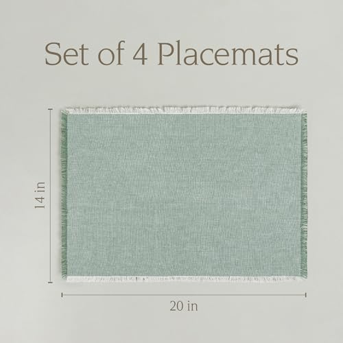 Over&Back Set of 4 Woven Frayed Chambray Placemats - Colorful Dining Table Mat - Hand-Finished Frayed Edges - 100% Cotton - Machine Washable - Kitchen and Home Decor - Green - 14" L X 20" W - Image 5