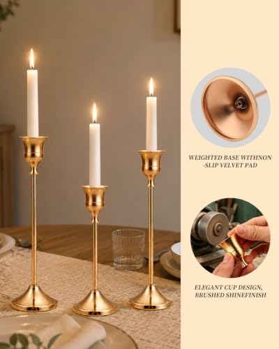 30 Pcs Gold Taper Candle Holders Bulk Set, Tall Metal Candlestick Holders for Table Centerpieces, Wedding Dining Table Fireplace Home Party Decor with Anti Slip Pads (5.9", 7.5", 8.7") - Image 4