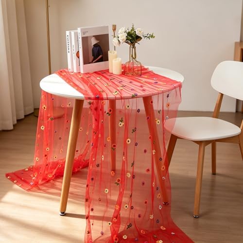 BINBE 6pcs Daisy Spring Table Runner Embroidery Gauze 10FT Florals Seasonal Tulle Holiday Birthday Kitchen Dining Table Decor for Home Party Red - Image 5