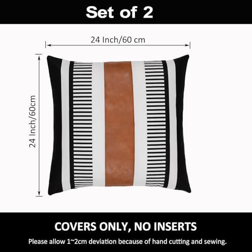 24x24 Boho Striped Pillow Cover with Faux Leather Accent, Black, 2 PC - Image 3