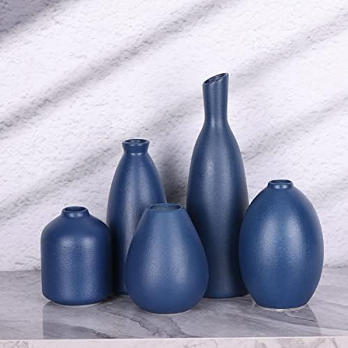 Blue Ceramic Vase - Set of 5 Blue Bud Vases, Modern Farmhouse Navy Blue Decorative Vases for Home, Office, Living Room, Table Decor - Ideal Centerpieces for Flowers, Shelf and Fireplace Accents - Image 4