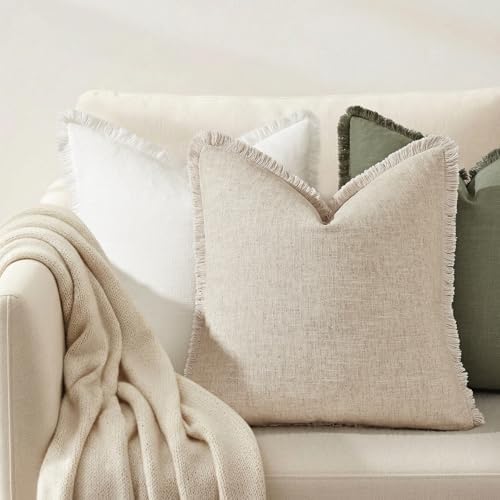decorUhome Linen Fringe Natural Beige Throw Pillow Covers 24x24 Set of 2 - Image 7